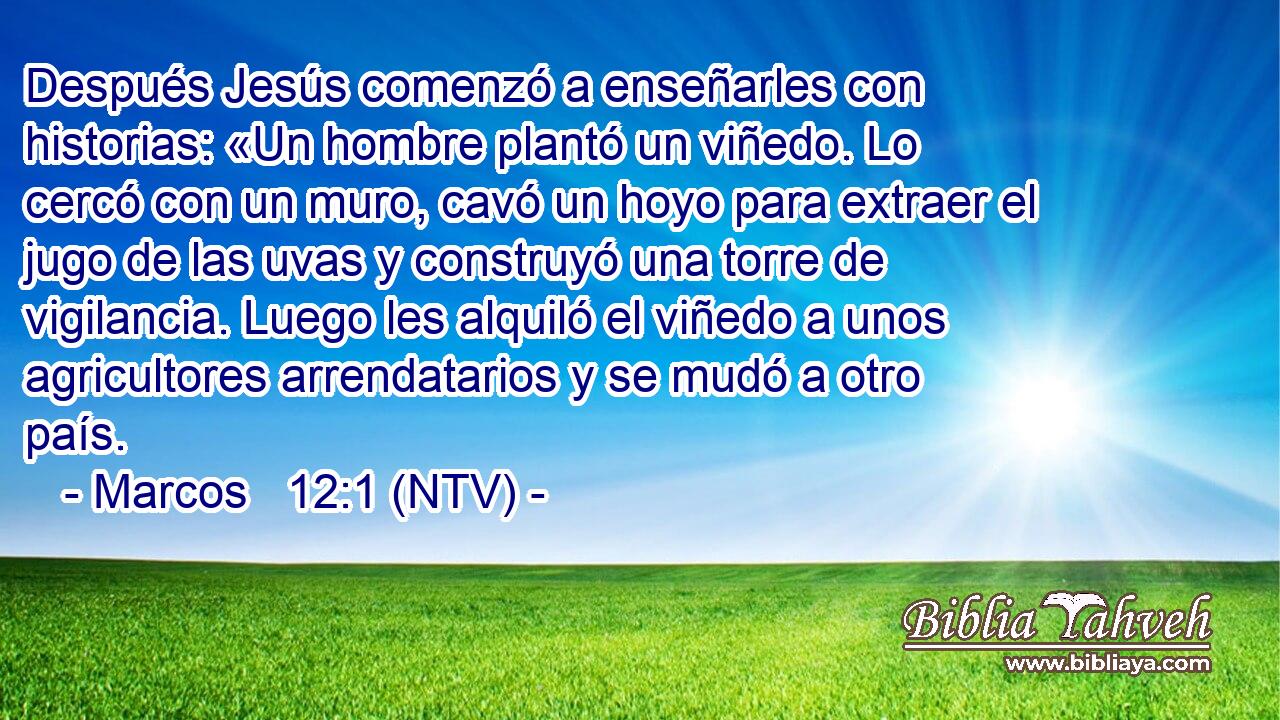 Después Jesús comenzó a enseñarles con historias: «Un hombre plantó un viñedo. Lo cercó con un muro, cavó un hoyo para extraer el jugo de las uvas y construyó una torre de vigilancia. Luego les alquiló el viñedo a unos agricultores arrendatarios y se mudó a otro país.