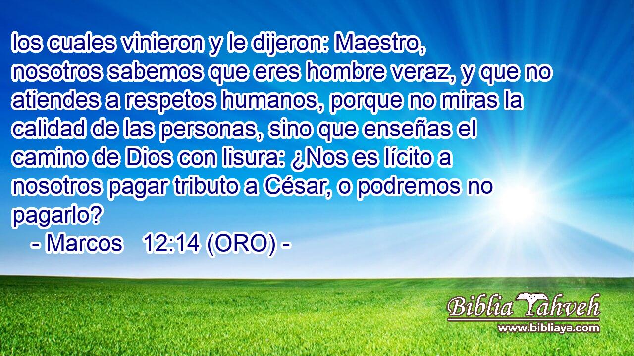  los cuales vinieron y le dijeron: Maestro, nosotros sabemos que eres hombre veraz, y que no atiendes a respetos humanos, porque no miras la calidad de las personas, sino que enseñas el camino de Dios con lisura: ¿Nos es lícito a nosotros pagar tributo a César, o podremos no pagarlo? 