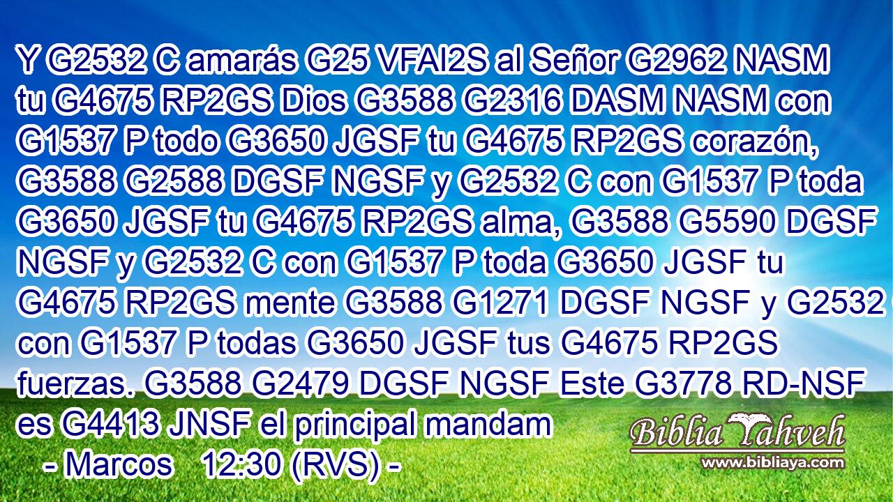 Y G2532 C amarás G25 VFAI2S al Señor G2962 NASM tu G4675 RP2GS Dios G3588 G2316 DASM NASM con G1537 P todo G3650 JGSF tu G4675 RP2GS corazón, G3588 G2588 DGSF NGSF y G2532 C con G1537 P toda G3650 JGSF tu G4675 RP2GS alma, G3588 G5590 DGSF NGSF y G2532 C con G1537 P toda G3650 JGSF tu G4675 RP2GS mente G3588 G1271 DGSF NGSF y G2532 C con G1537 P todas G3650 JGSF tus G4675 RP2GS fuerzas. G3588 G2479 DGSF NGSF Este G3778 RD-NSF es G4413 JNSF el principal mandam