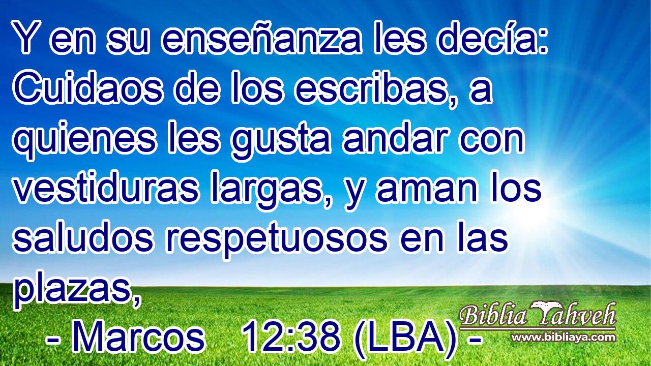 Y en su enseñanza les decía: Cuidaos de los escribas, a quienes les gusta andar con vestiduras largas, y aman los saludos respetuosos en las plazas,