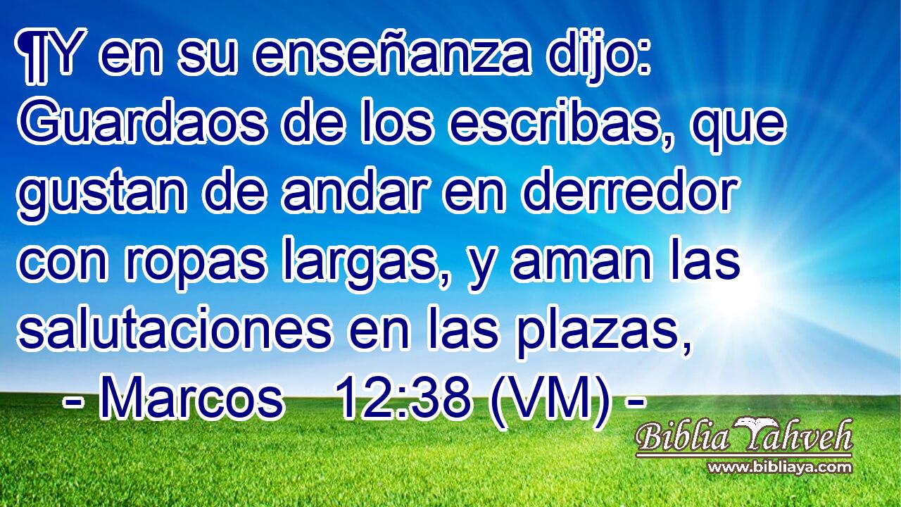  ¶Y en su enseñanza dijo: Guardaos de los escribas, que gustan de andar en derredor con ropas largas, y aman las salutaciones en las plazas, 