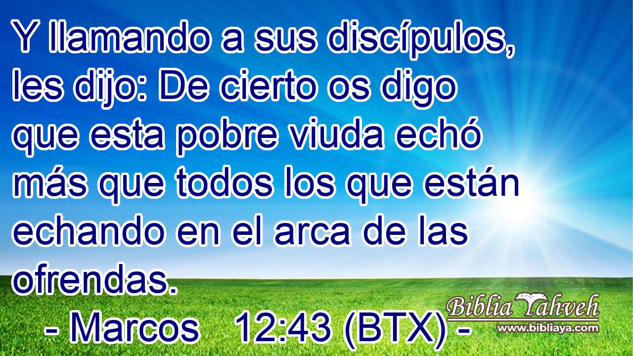 Y llamando a sus discípulos, les dijo: De cierto os digo que esta pobre viuda echó más que todos los que están echando en el arca de las ofrendas.