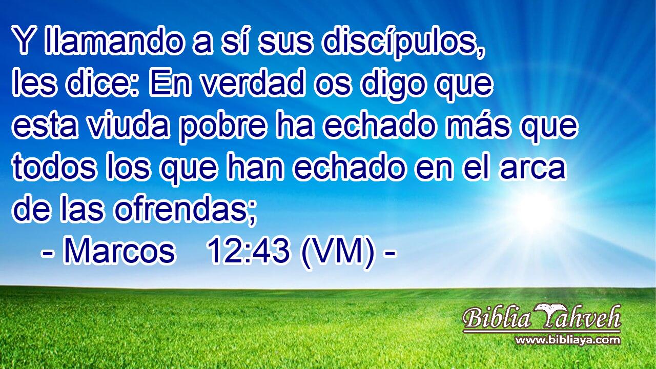  Y llamando a sí sus discípulos, les dice: En verdad os digo que esta viuda pobre ha echado más que todos los que han echado en el arca de las ofrendas; 