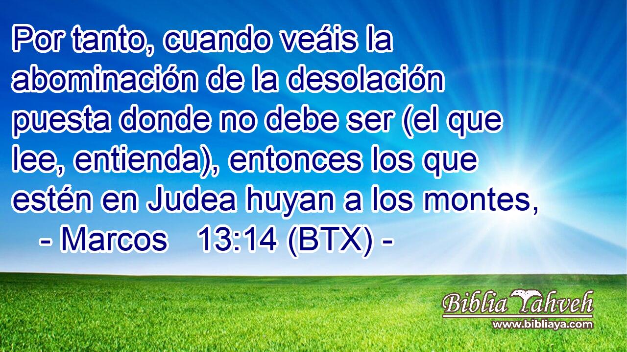 Por tanto, cuando veáis la abominación de la desolación puesta donde no debe ser (el que lee, entienda), entonces los que estén en Judea huyan a los montes,