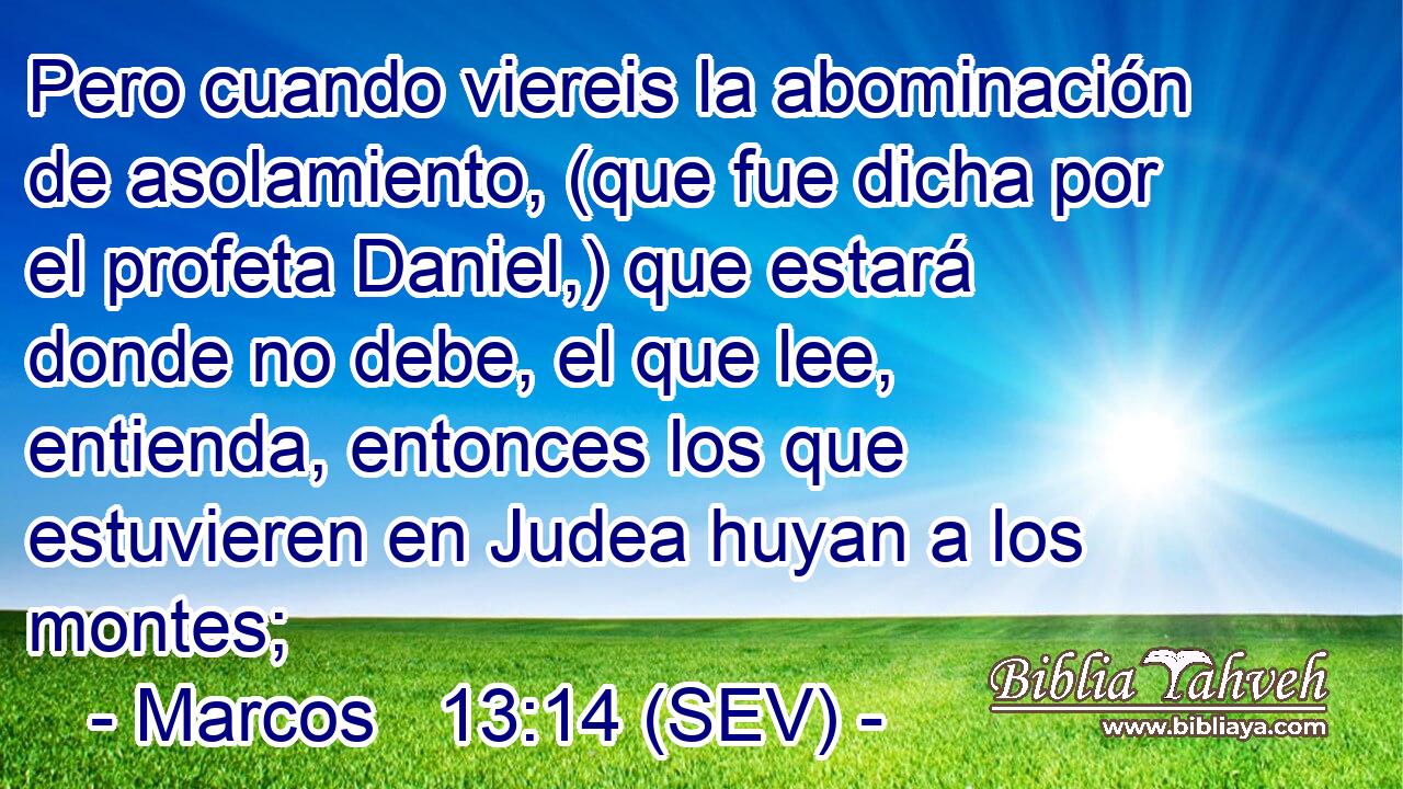 Pero cuando viereis la abominación de asolamiento, (que fue dicha por el profeta Daniel,) que estará donde no debe, el que lee, entienda, entonces los que estuvieren en Judea huyan a los montes;