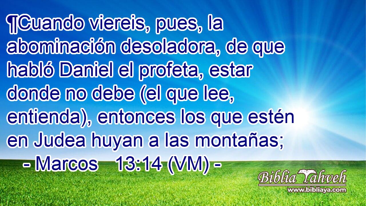  ¶Cuando viereis, pues, la abominación desoladora, de que habló Daniel el profeta, estar donde no debe (el que lee, entienda), entonces los que estén en Judea huyan a las montañas; 
