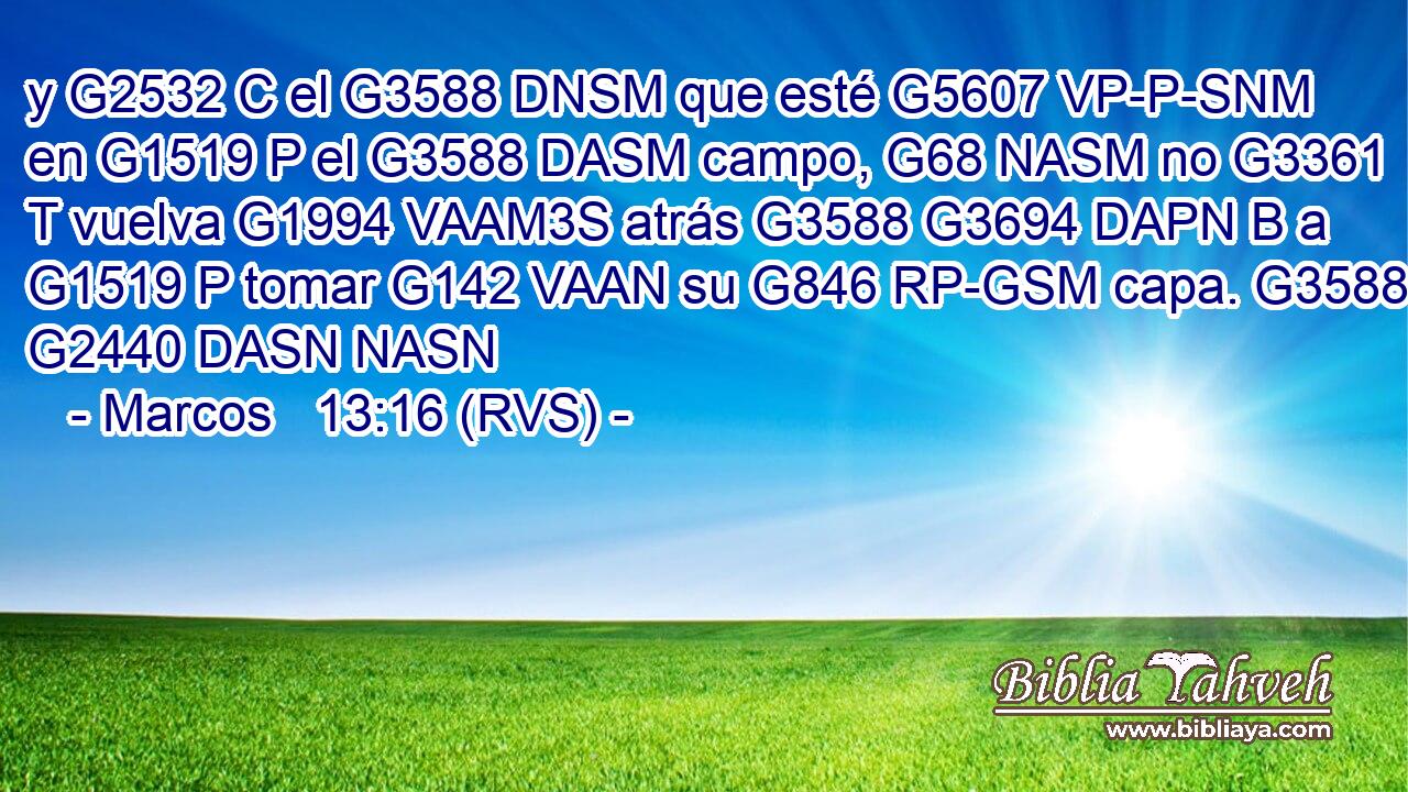 y G2532 C el G3588 DNSM que esté G5607 VP-P-SNM en G1519 P el G3588 DASM campo, G68 NASM no G3361 T vuelva G1994 VAAM3S atrás G3588 G3694 DAPN B a G1519 P tomar G142 VAAN su G846 RP-GSM capa. G3588 G2440 DASN NASN 