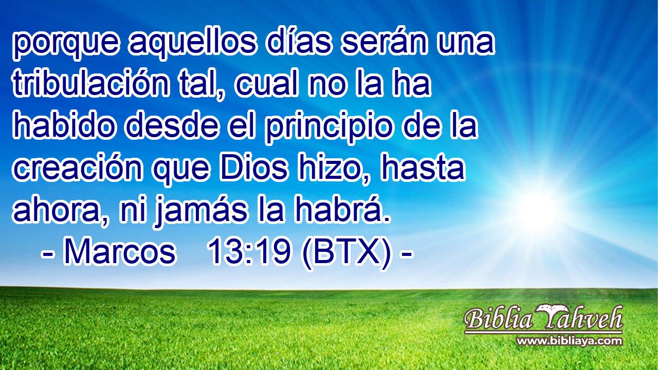 porque aquellos días serán una tribulación tal, cual no la ha habido desde el principio de la creación que Dios hizo, hasta ahora, ni jamás la habrá.