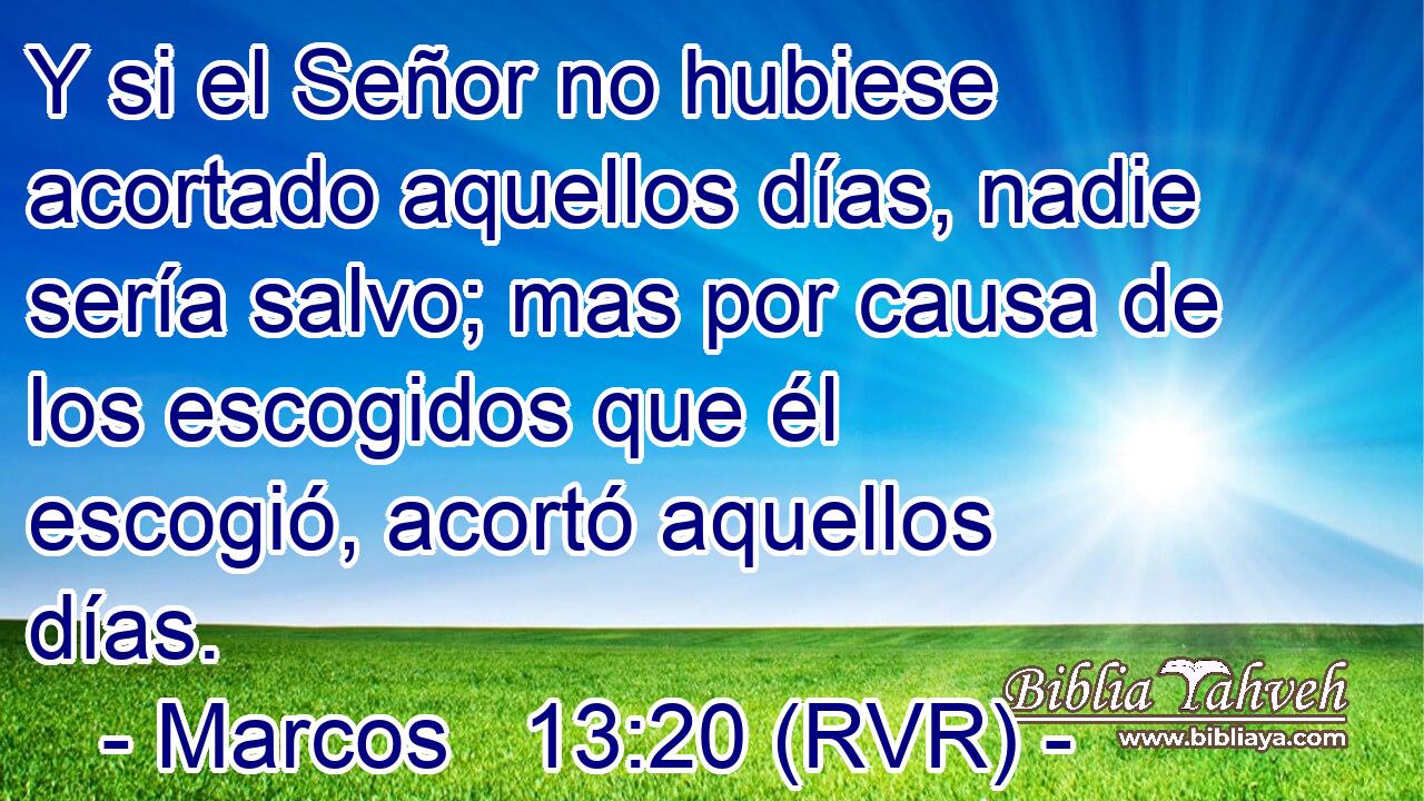 Y si el Señor no hubiese acortado aquellos días, nadie sería salvo; mas por causa de los escogidos que él escogió, acortó aquellos días.