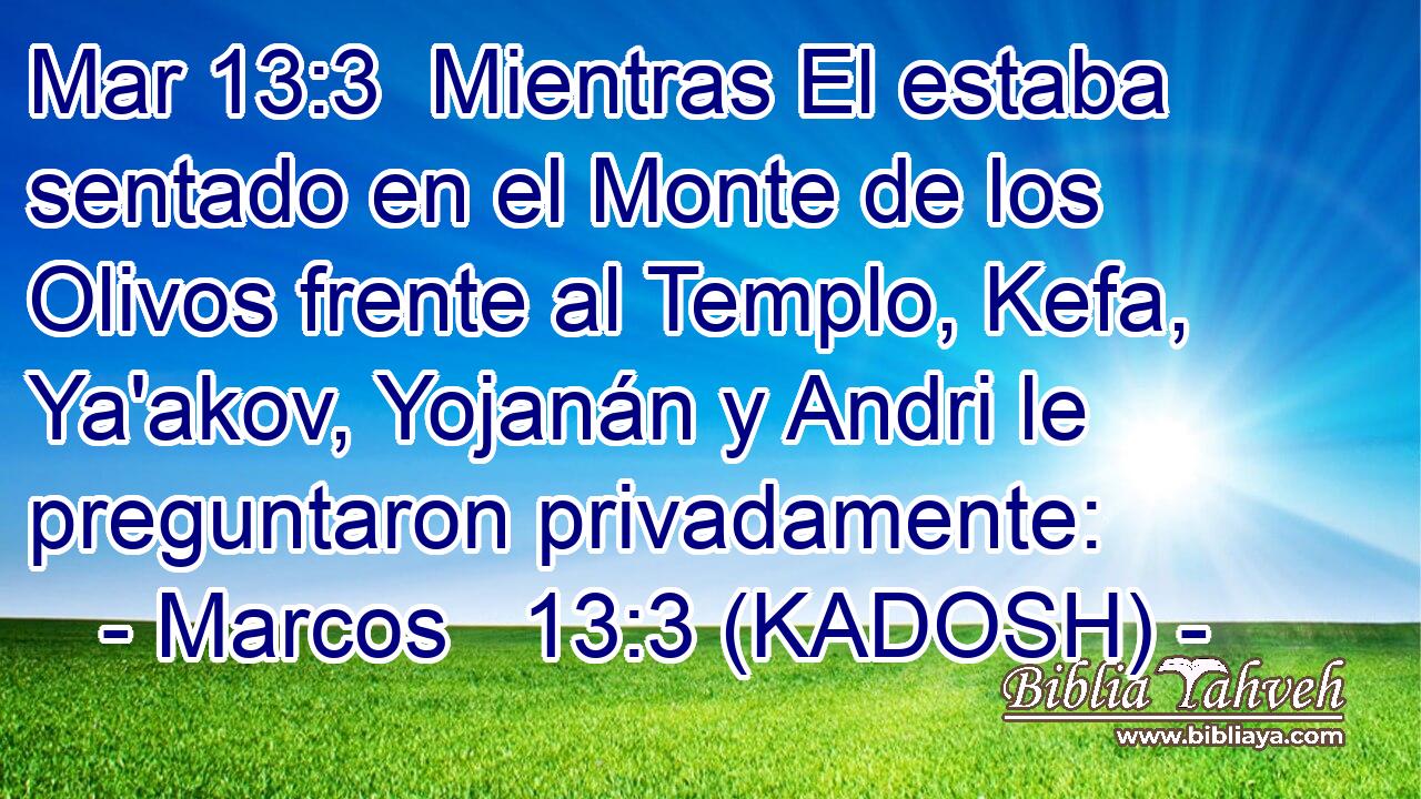  Mientras El estaba sentado en el Monte de los Olivos frente al Templo, Kefa, Ya'akov, Yojanán y Andri le preguntaron privadamente: 