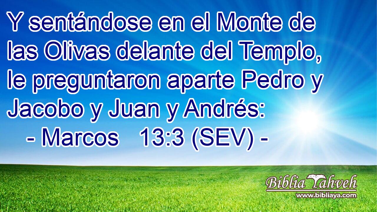 Y sentándose en el Monte de las Olivas delante del Templo, le preguntaron aparte Pedro y Jacobo y Juan y Andrés: