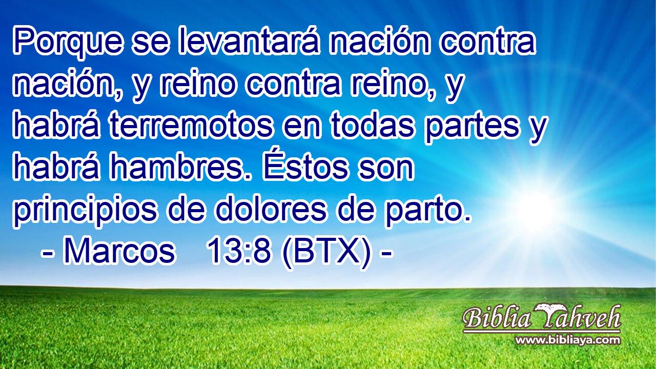 Porque se levantará nación contra nación, y reino contra reino, y habrá terremotos en todas partes y habrá hambres. Éstos son principios de dolores de parto.