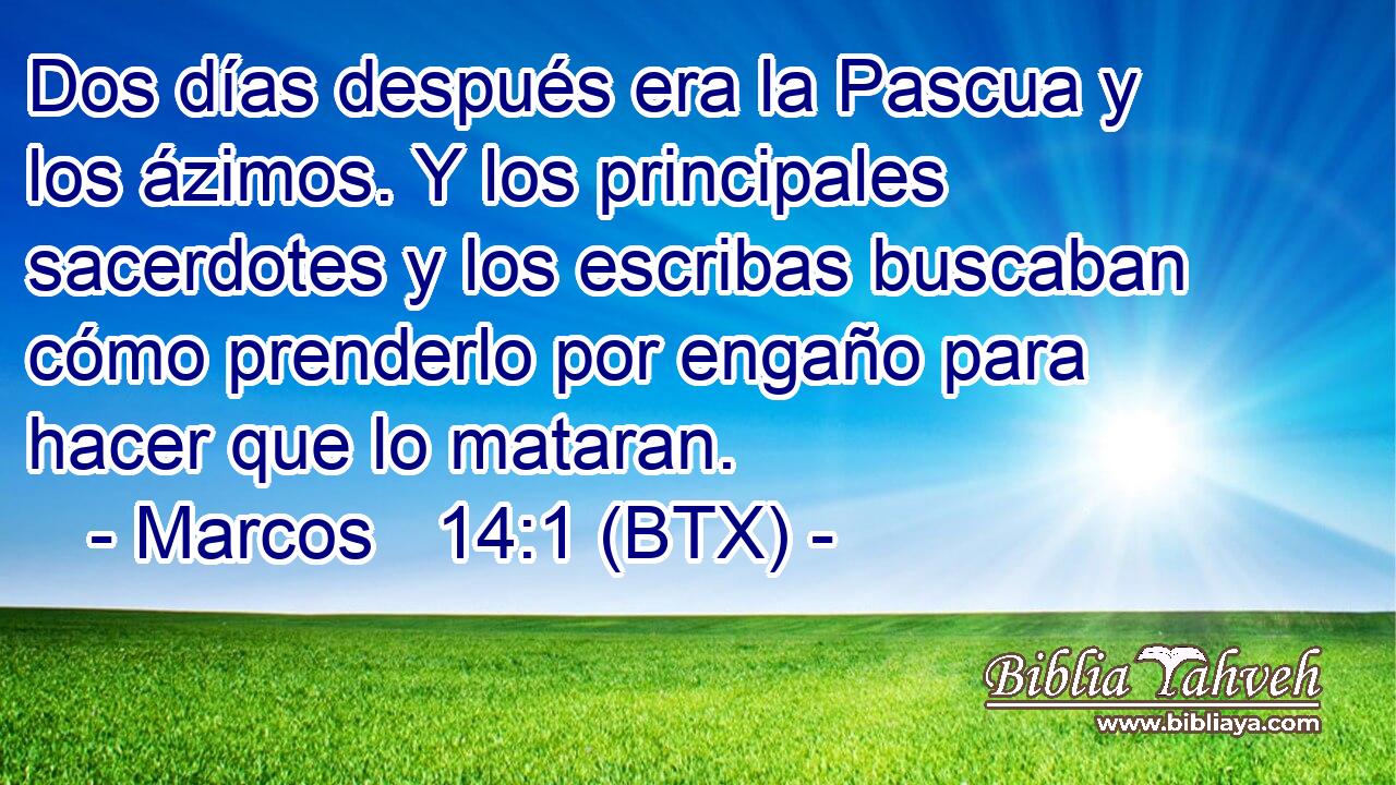 Dos días después era la Pascua y los ázimos. Y los principales sacerdotes y los escribas buscaban cómo prenderlo por engaño para hacer que lo mataran.