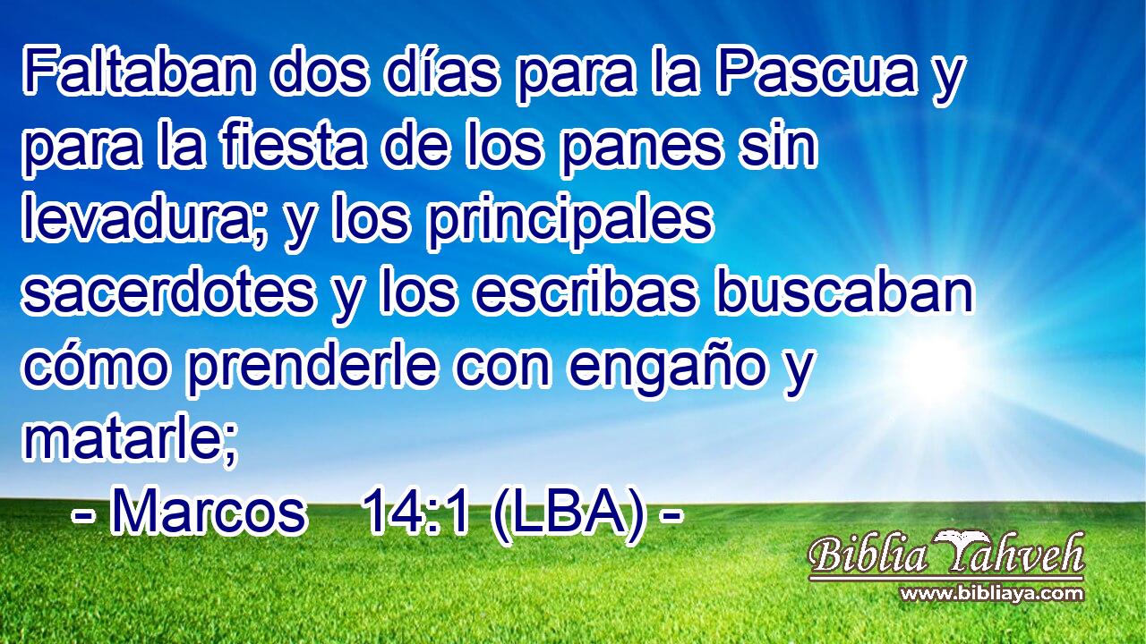 Faltaban dos días para la Pascua y para la fiesta de los panes sin levadura; y los principales sacerdotes y los escribas buscaban cómo prenderle con engaño y matarle;