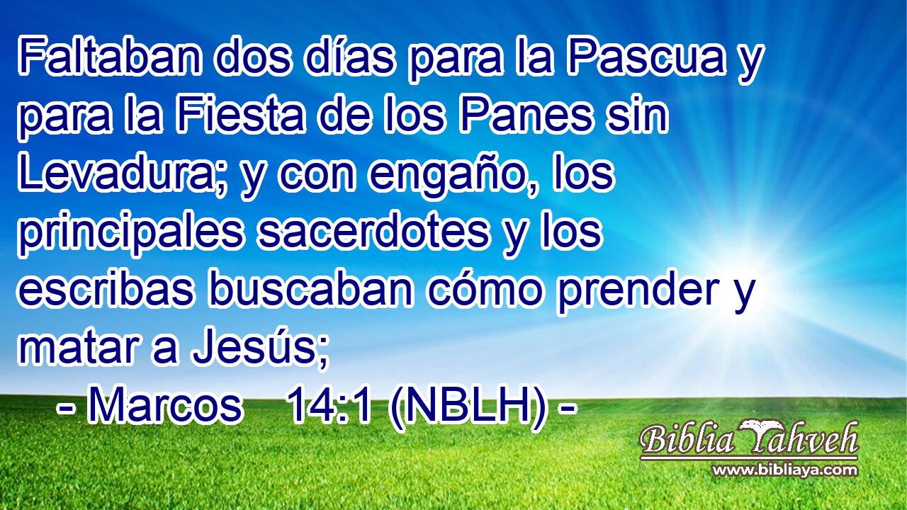  Faltaban dos días para la Pascua y para la Fiesta de los Panes sin Levadura; y con engaño, los principales sacerdotes y los escribas buscaban cómo prender y matar a Jesús; 