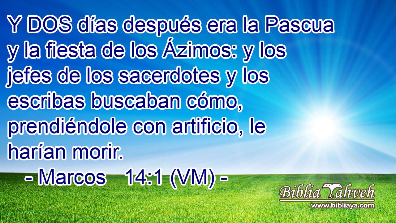  Y DOS días después era la Pascua y la fiesta de los Ázimos: y los jefes de los sacerdotes y los escribas buscaban cómo, prendiéndole con artificio, le harían morir. 