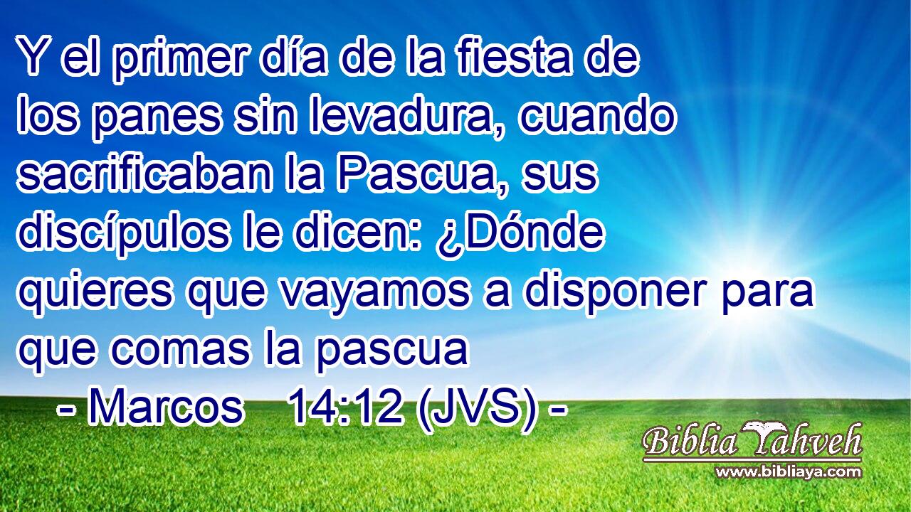 Y el primer día de la fiesta de los panes sin levadura, cuando sacrificaban la Pascua, sus discípulos le dicen: ¿Dónde quieres que vayamos a disponer para que comas la pascua