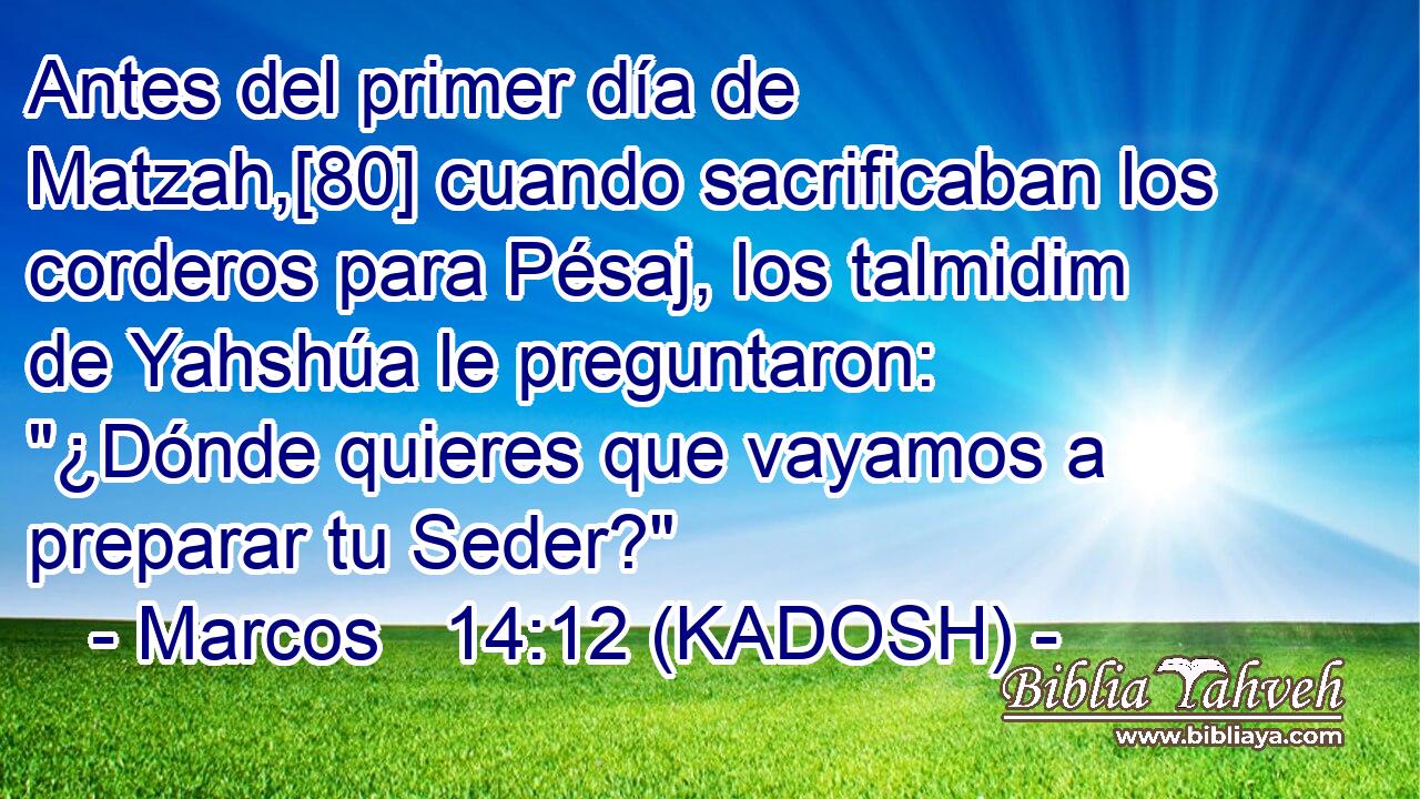  Antes del primer día de Matzah,[80] cuando sacrificaban los corderos para Pésaj, los talmidim de Yahshúa le preguntaron: 