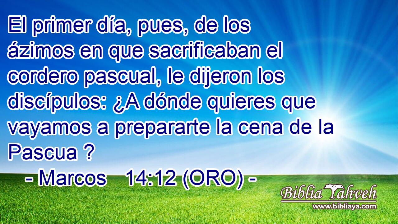  El primer día, pues, de los ázimos en que sacrificaban el cordero pascual, le dijeron los discípulos: ¿A dónde quieres que vayamos a prepararte la cena de la Pascua ? 