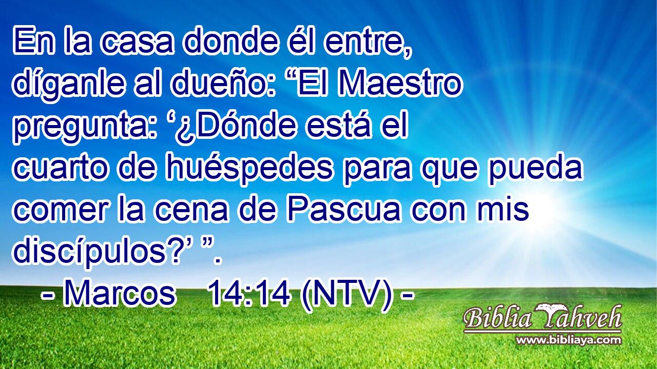 En la casa donde él entre, díganle al dueño: “El Maestro pregunta: ‘¿Dónde está el cuarto de huéspedes para que pueda comer la cena de Pascua con mis discípulos?’ ”.