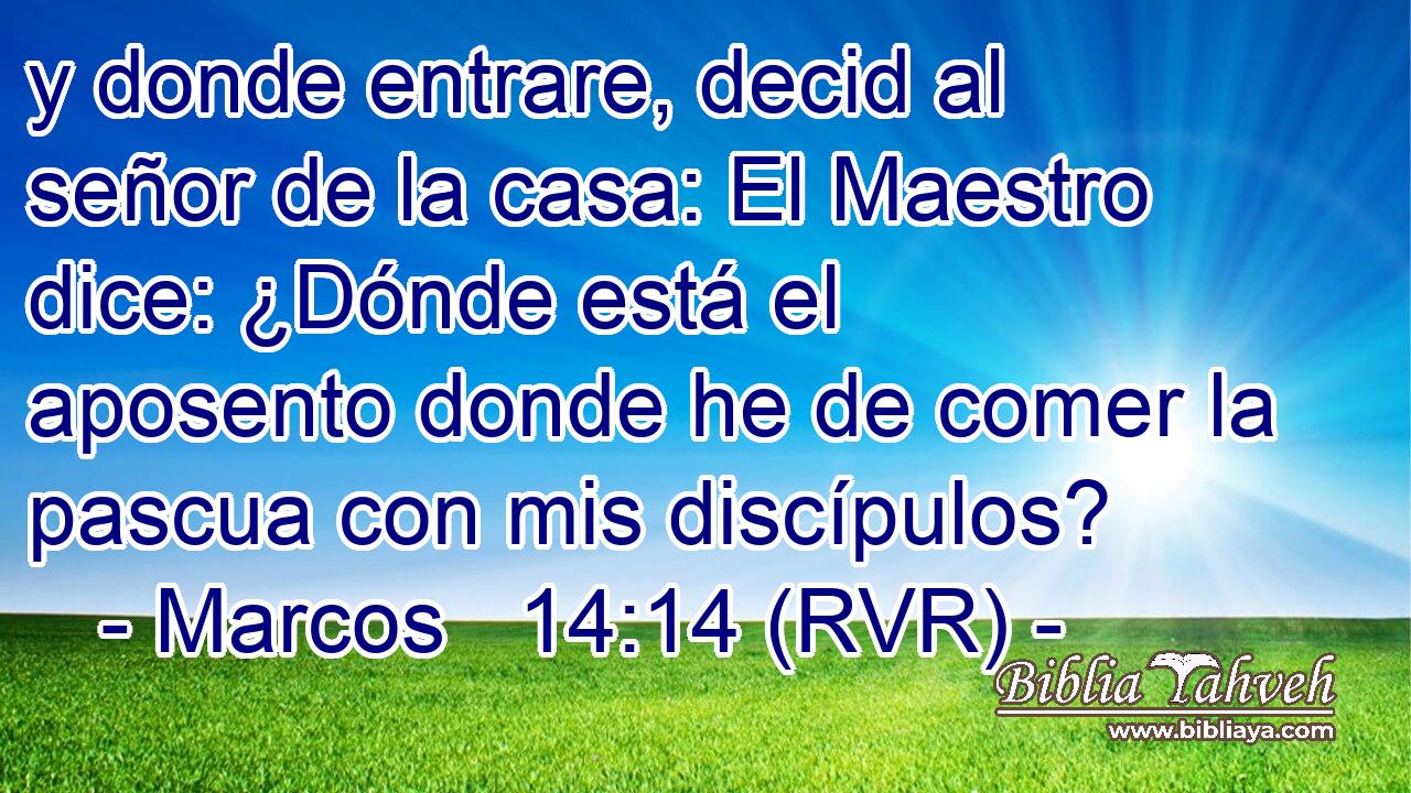 y donde entrare, decid al señor de la casa: El Maestro dice: ¿Dónde está el aposento donde he de comer la pascua con mis discípulos?