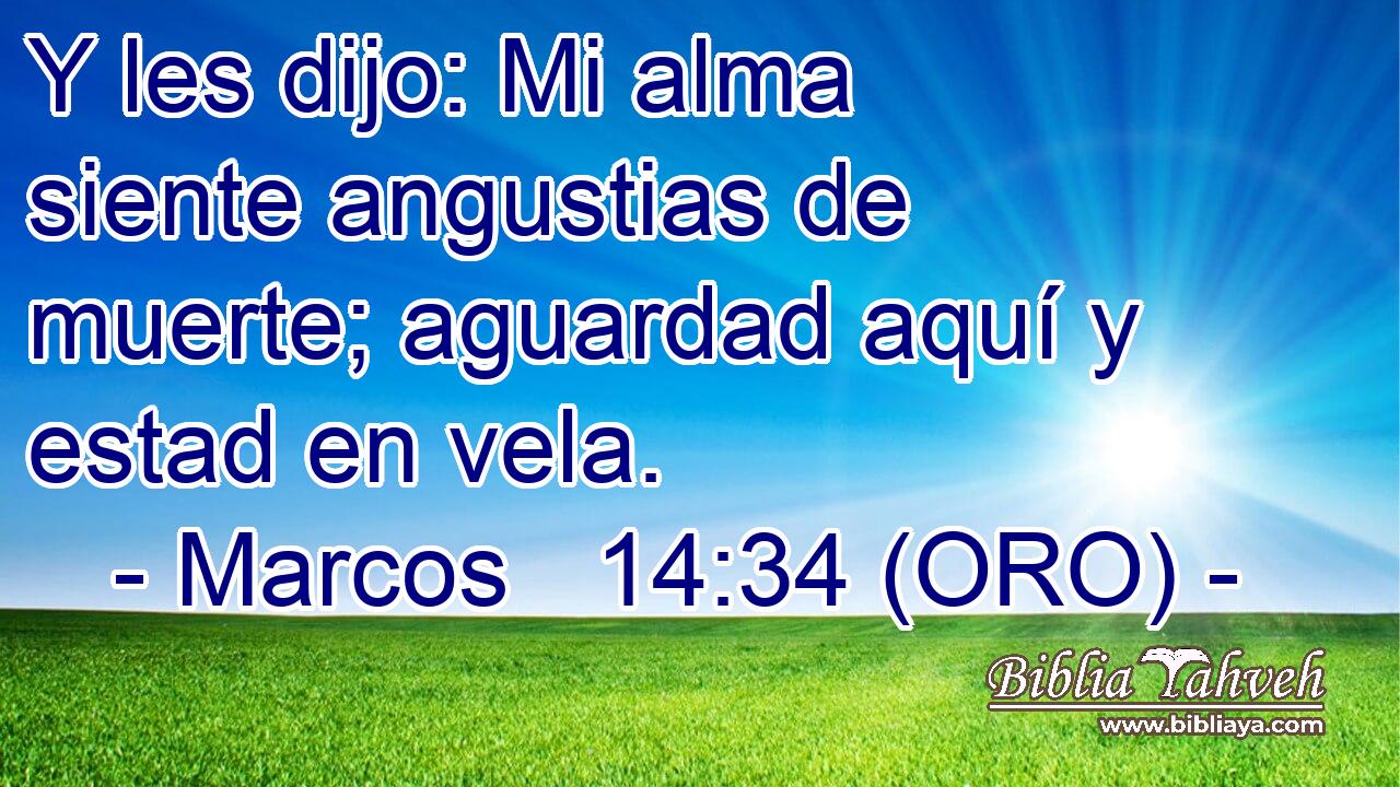  Y les dijo: Mi alma siente angustias de muerte; aguardad aquí y estad en vela. 