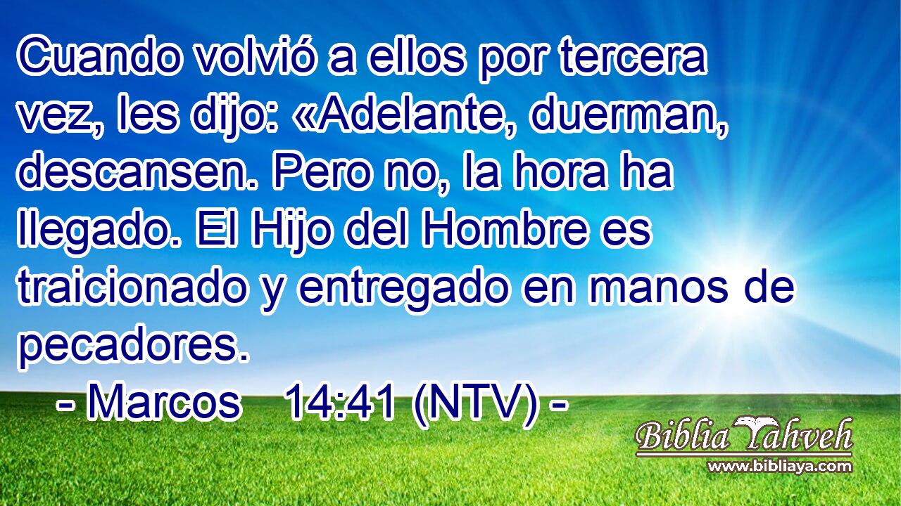 Cuando volvió a ellos por tercera vez, les dijo: «Adelante, duerman, descansen. Pero no, la hora ha llegado. El Hijo del Hombre es traicionado y entregado en manos de pecadores.