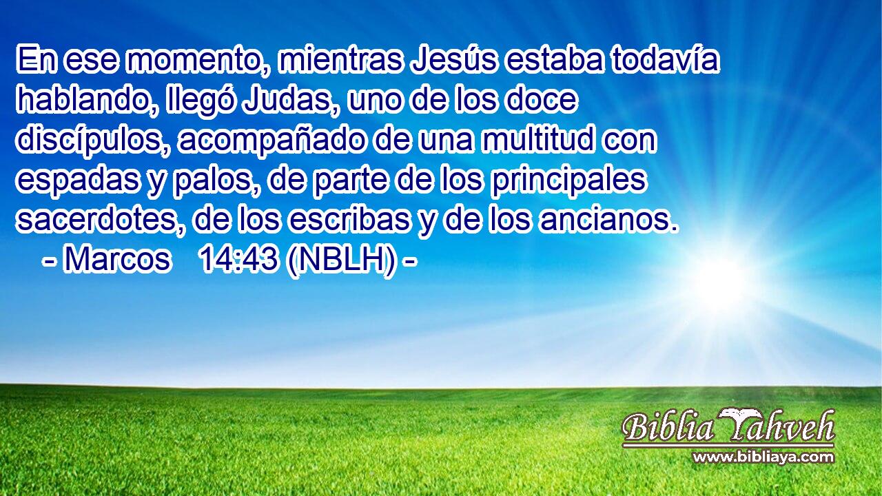  En ese momento, mientras Jesús estaba todavía hablando, llegó Judas, uno de los doce discípulos, acompañado de una multitud con espadas y palos, de parte de los principales sacerdotes, de los escribas y de los ancianos. 