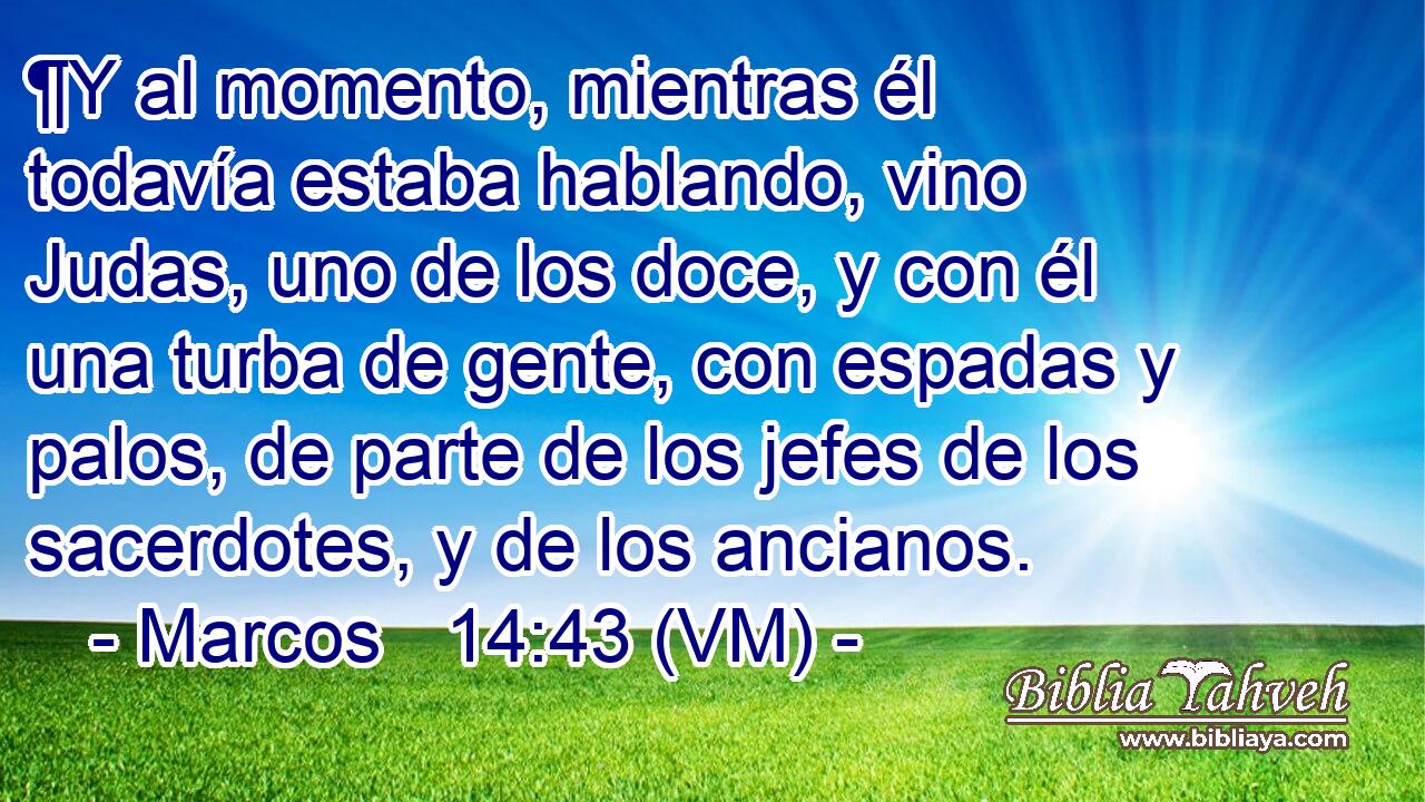  ¶Y al momento, mientras él todavía estaba hablando, vino Judas, uno de los doce, y con él una turba de gente, con espadas y palos, de parte de los jefes de los sacerdotes, y de los ancianos. 