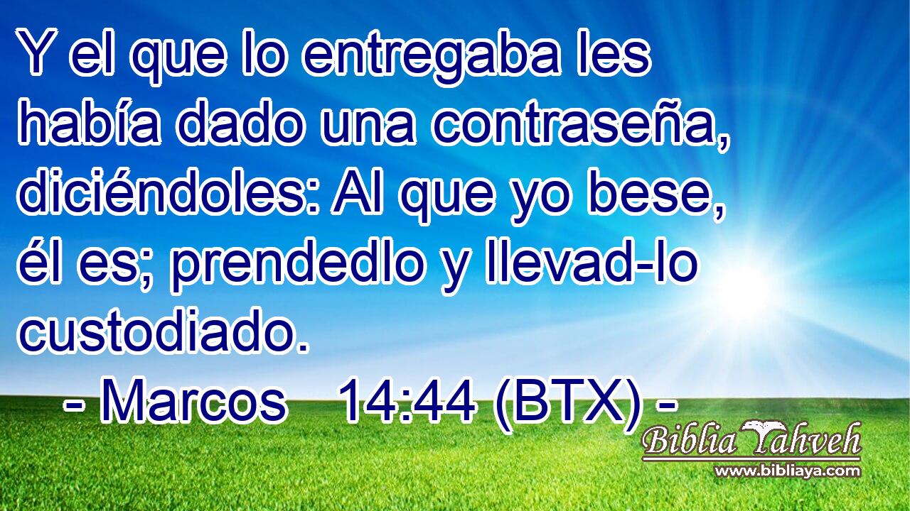 Y el que lo entregaba les había dado una contraseña, diciéndoles: Al que yo bese, él es; prendedlo y llevad-lo custodiado.