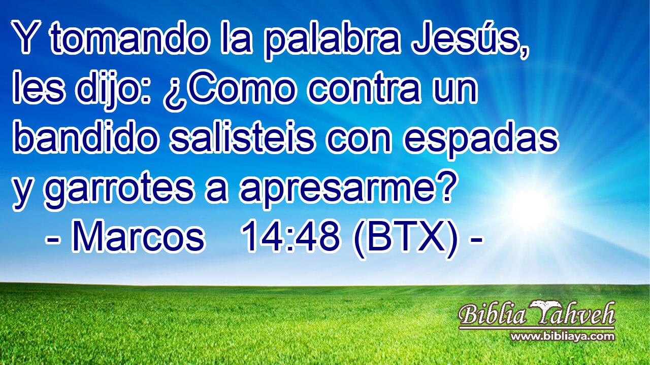 Y tomando la palabra Jesús, les dijo: ¿Como contra un bandido salisteis con espadas y garrotes a apresarme?