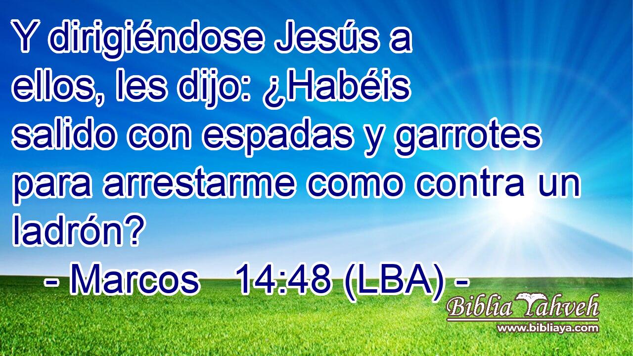 Y dirigiéndose Jesús a ellos, les dijo: ¿Habéis salido con espadas y garrotes para arrestarme como contra un ladrón?