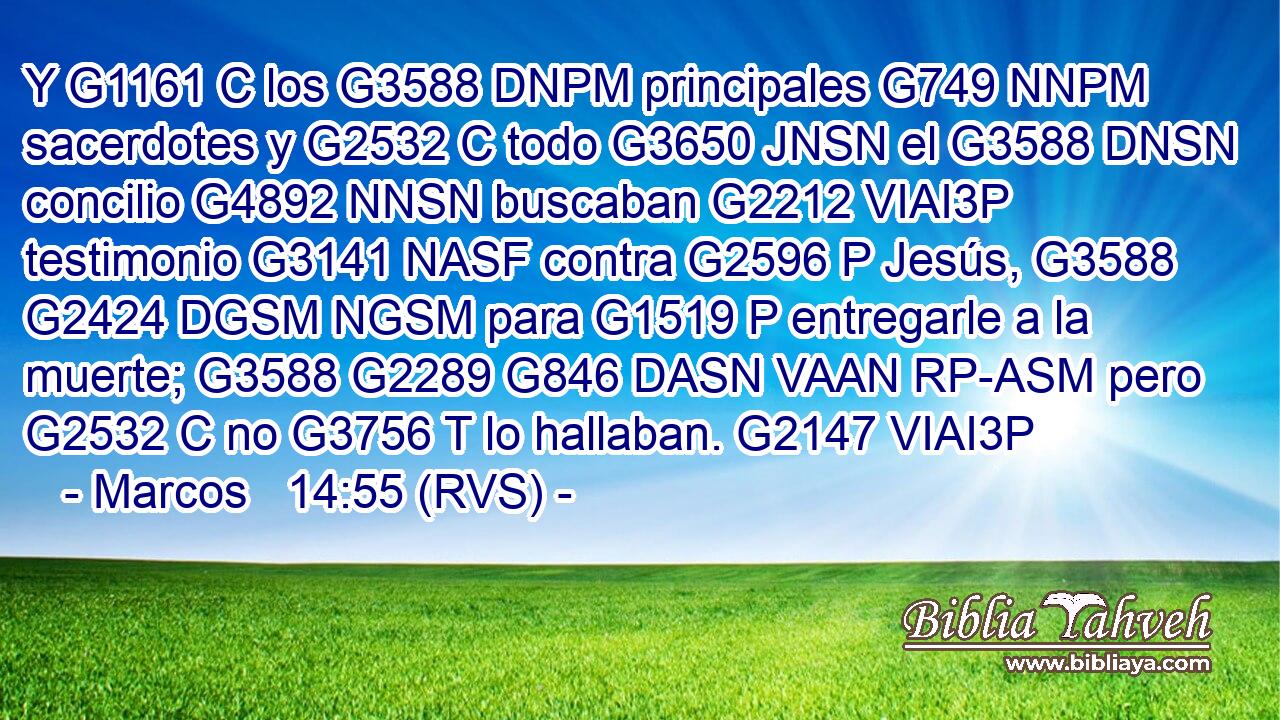 Y G1161 C los G3588 DNPM principales G749 NNPM sacerdotes y G2532 C todo G3650 JNSN el G3588 DNSN concilio G4892 NNSN buscaban G2212 VIAI3P testimonio G3141 NASF contra G2596 P Jesús, G3588 G2424 DGSM NGSM para G1519 P entregarle a la muerte; G3588 G2289 G846 DASN VAAN RP-ASM pero G2532 C no G3756 T lo hallaban. G2147 VIAI3P 