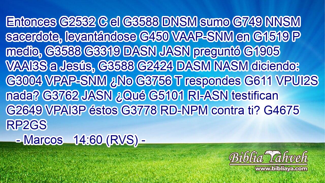 Entonces G2532 C el G3588 DNSM sumo G749 NNSM sacerdote, levantándose G450 VAAP-SNM en G1519 P medio, G3588 G3319 DASN JASN preguntó G1905 VAAI3S a Jesús, G3588 G2424 DASM NASM diciendo: G3004 VPAP-SNM ¿No G3756 T respondes G611 VPUI2S nada? G3762 JASN ¿Qué G5101 RI-ASN testifican G2649 VPAI3P éstos G3778 RD-NPM contra ti? G4675 RP2GS 