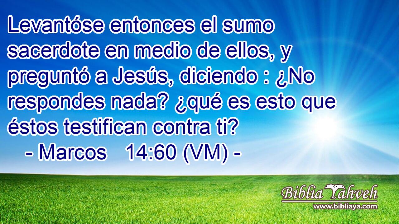  Levantóse entonces el sumo sacerdote en medio de ellos, y preguntó a Jesús, diciendo : ¿No respondes nada? ¿qué es esto que éstos testifican contra ti? 