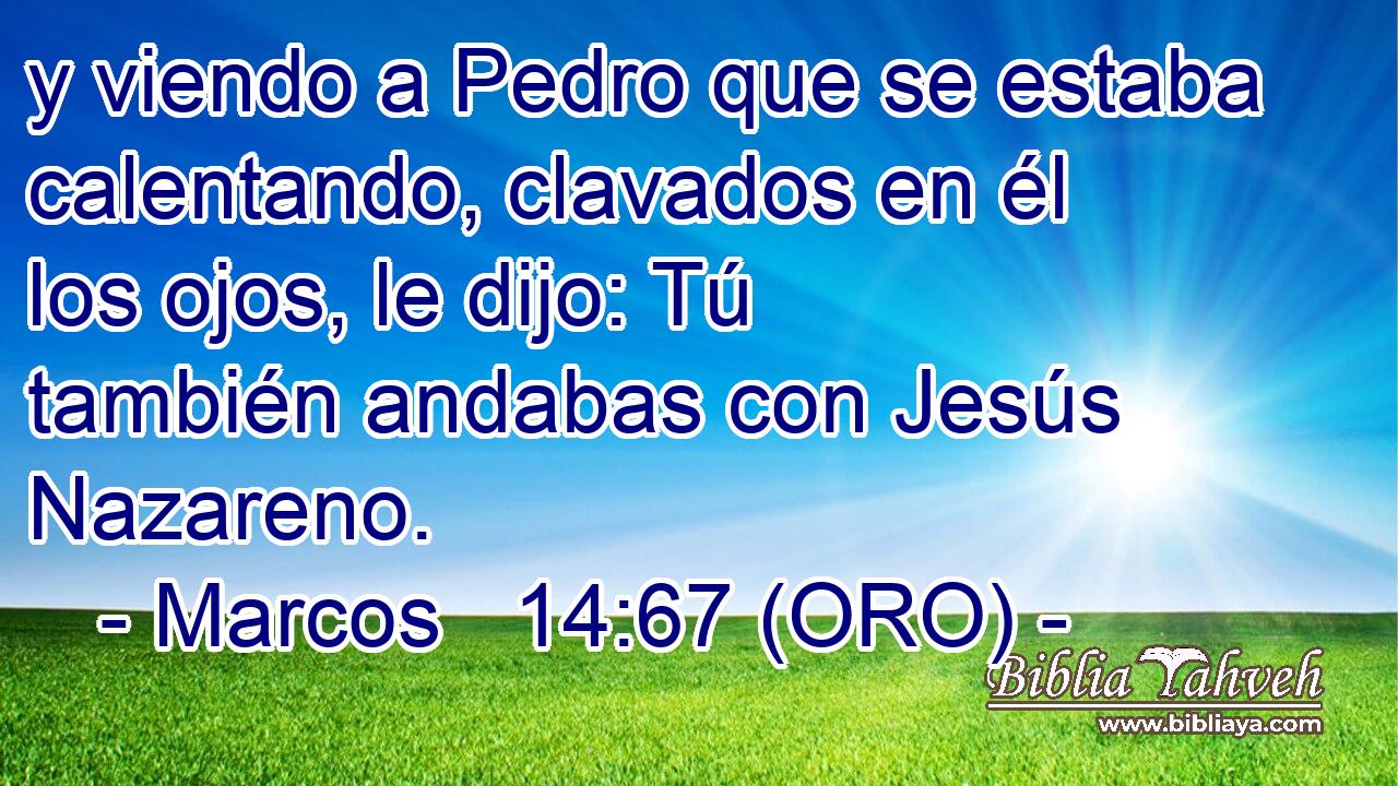  y viendo a Pedro que se estaba calentando, clavados en él los ojos, le dijo: Tú también andabas con Jesús Nazareno. 