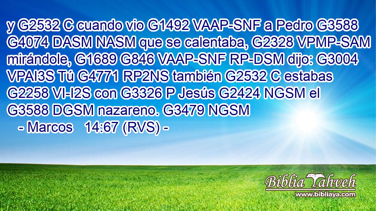 y G2532 C cuando vio G1492 VAAP-SNF a Pedro G3588 G4074 DASM NASM que se calentaba, G2328 VPMP-SAM mirándole, G1689 G846 VAAP-SNF RP-DSM dijo: G3004 VPAI3S Tú G4771 RP2NS también G2532 C estabas G2258 VI-I2S con G3326 P Jesús G2424 NGSM el G3588 DGSM nazareno. G3479 NGSM 