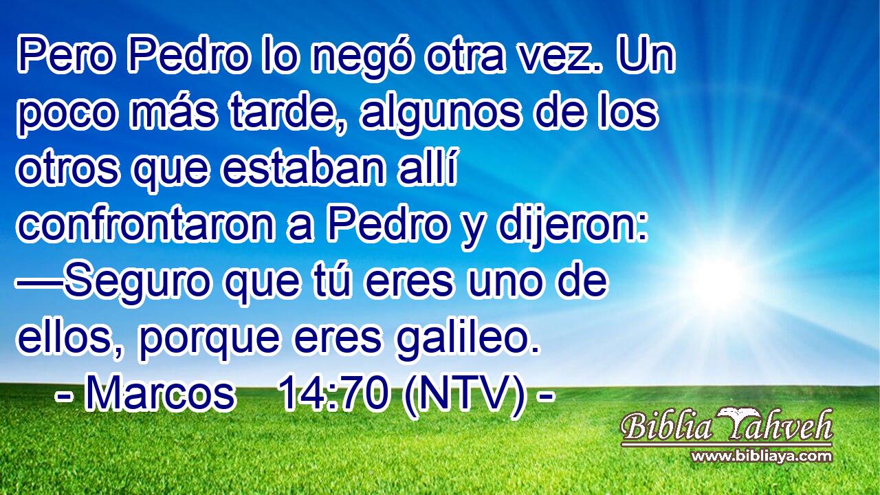 Pero Pedro lo negó otra vez. Un poco más tarde, algunos de los otros que estaban allí confrontaron a Pedro y dijeron: —Seguro que tú eres uno de ellos, porque eres galileo.