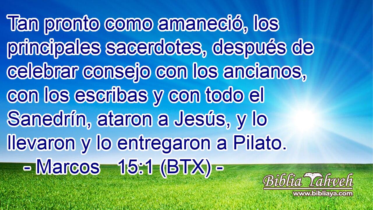 Tan pronto como amaneció, los principales sacerdotes, después de celebrar consejo con los ancianos, con los escribas y con todo el Sanedrín, ataron a Jesús, y lo llevaron y lo entregaron a Pilato.