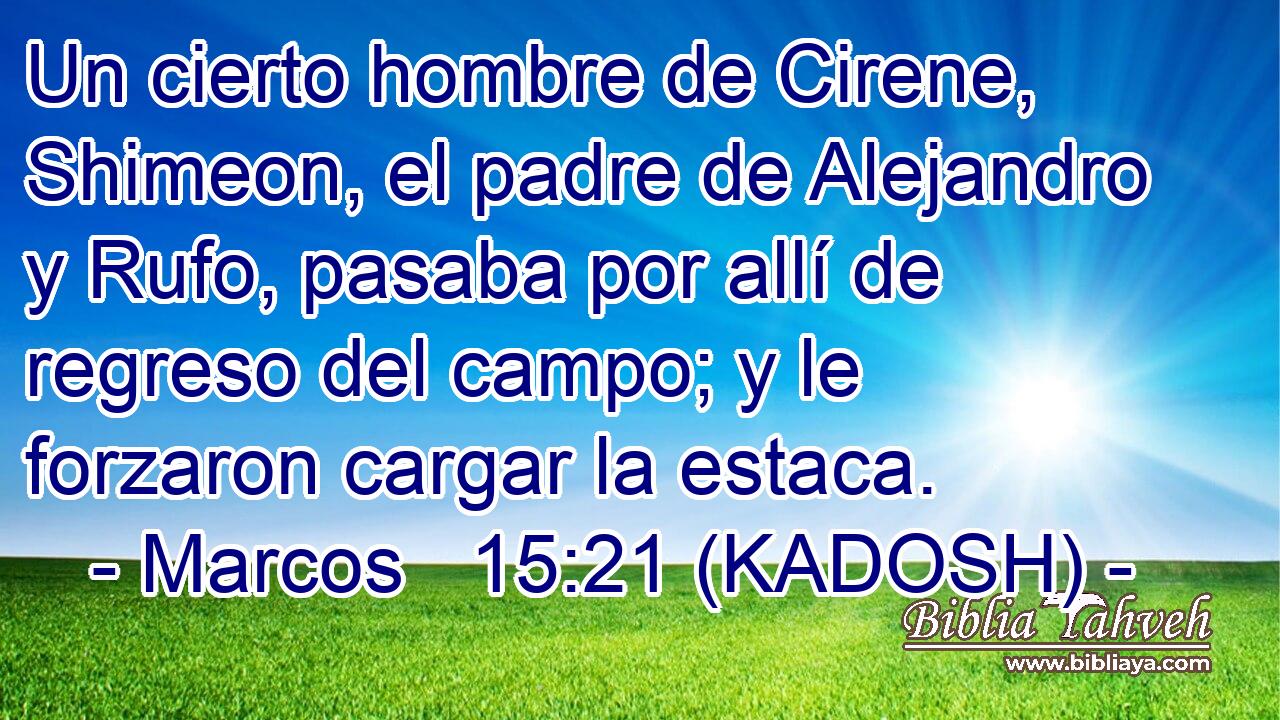  Un cierto hombre de Cirene, Shimeon, el padre de Alejandro y Rufo, pasaba por allí de regreso del campo; y le forzaron cargar la estaca. 