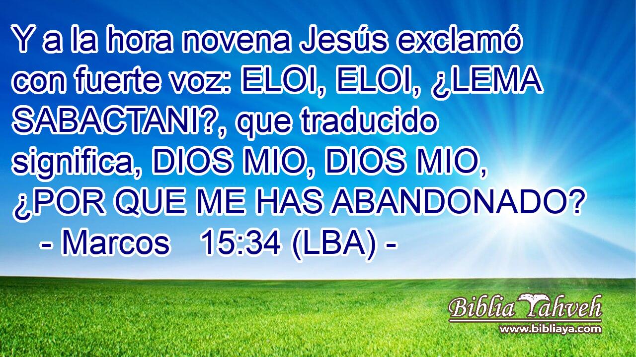 Y a la hora novena Jesús exclamó con fuerte voz: ELOI, ELOI, ¿LEMA SABACTANI?, que traducido significa, DIOS MIO, DIOS MIO, ¿POR QUE ME HAS ABANDONADO?