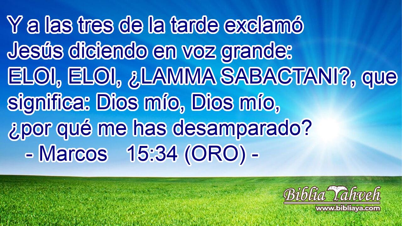  Y a las tres de la tarde exclamó Jesús diciendo en voz grande: ELOI, ELOI, ¿LAMMA SABACTANI?, que significa: Dios mío, Dios mío, ¿por qué me has desamparado? 