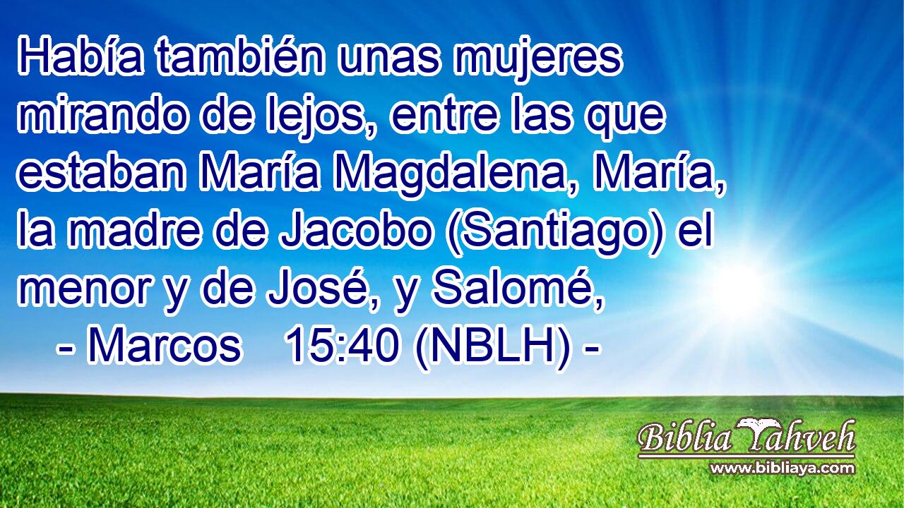  Había también unas mujeres mirando de lejos, entre las que estaban María Magdalena, María, la madre de Jacobo (Santiago) el menor y de José, y Salomé, 