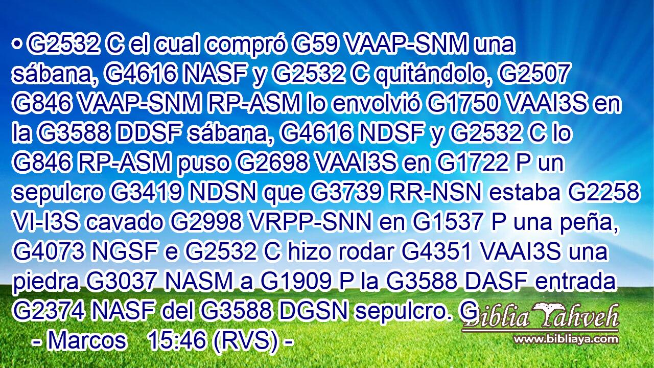 • G2532 C el cual compró G59 VAAP-SNM una sábana, G4616 NASF y G2532 C quitándolo, G2507 G846 VAAP-SNM RP-ASM lo envolvió G1750 VAAI3S en la G3588 DDSF sábana, G4616 NDSF y G2532 C lo G846 RP-ASM puso G2698 VAAI3S en G1722 P un sepulcro G3419 NDSN que G3739 RR-NSN estaba G2258 VI-I3S cavado G2998 VRPP-SNN en G1537 P una peña, G4073 NGSF e G2532 C hizo rodar G4351 VAAI3S una piedra G3037 NASM a G1909 P la G3588 DASF entrada G2374 NASF del G3588 DGSN sepulcro. G