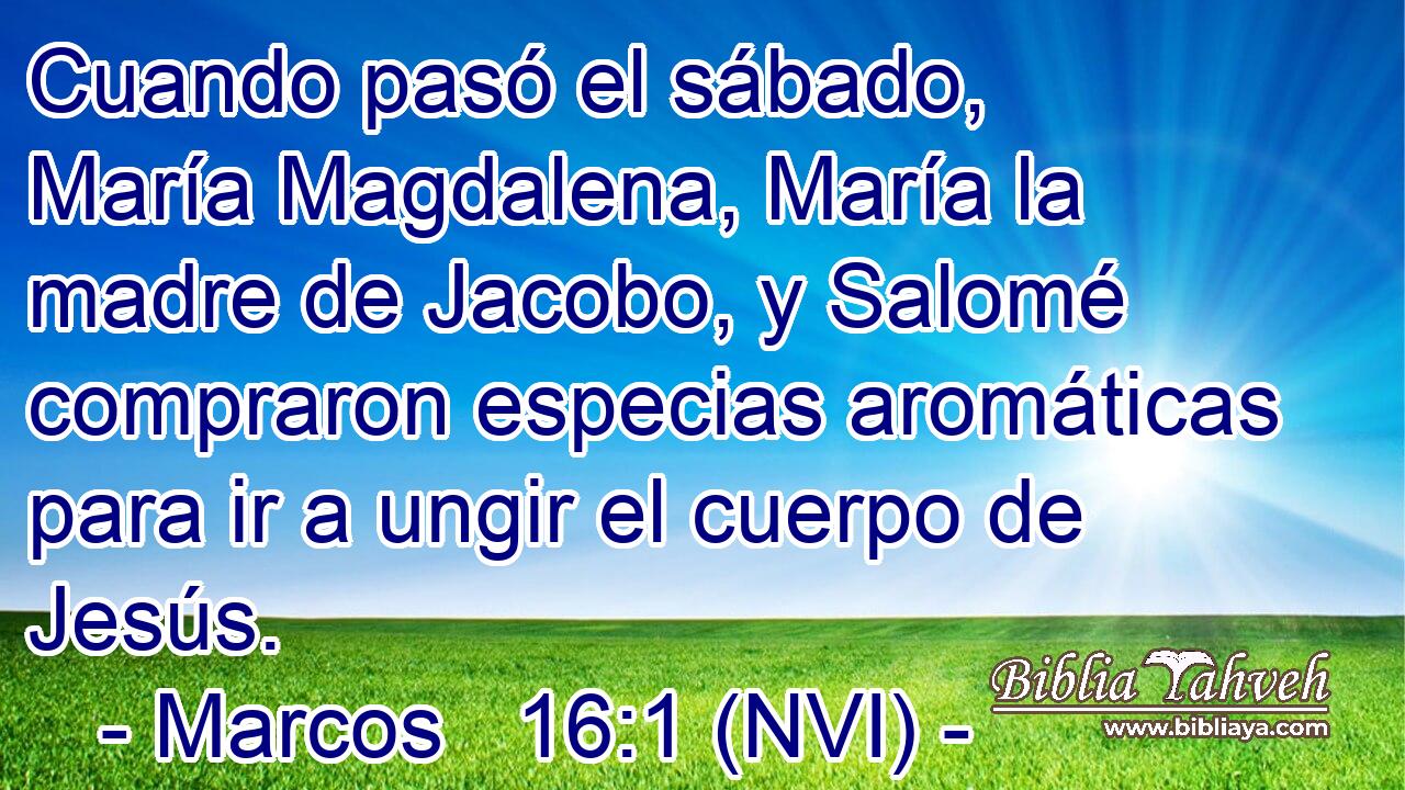  Cuando pasó el sábado, María Magdalena, María la madre de Jacobo, y Salomé compraron especias aromáticas para ir a ungir el cuerpo de Jesús. 