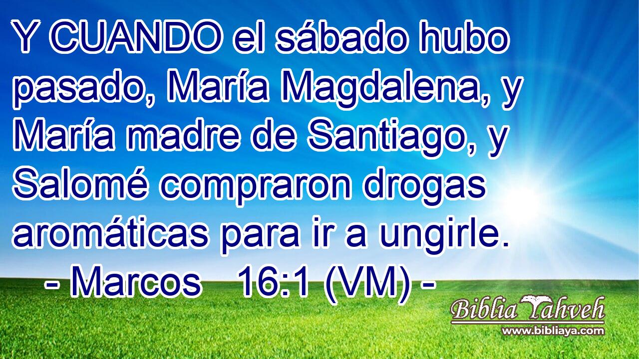  Y CUANDO el sábado hubo pasado, María Magdalena, y María madre de Santiago, y Salomé compraron drogas aromáticas para ir a ungirle. 