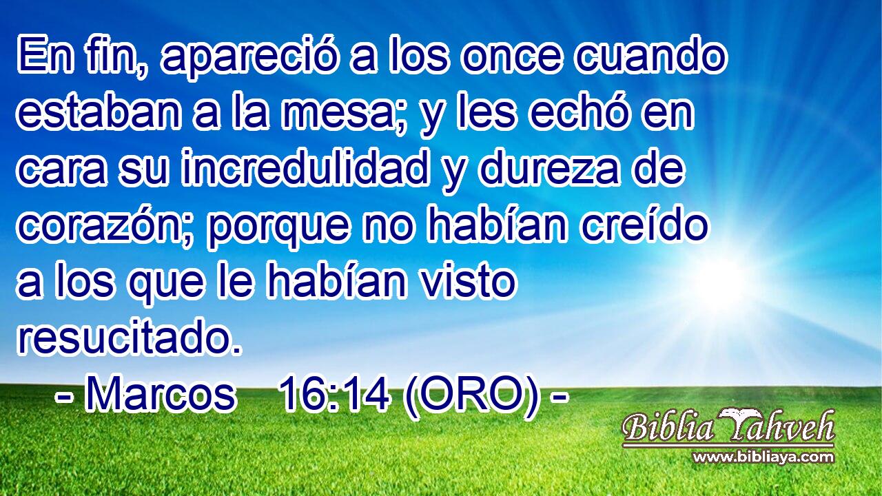  En fin, apareció a los once cuando estaban a la mesa; y les echó en cara su incredulidad y dureza de corazón; porque no habían creído a los que le habían visto resucitado. 