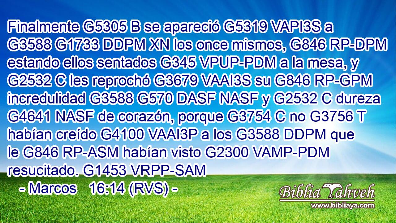 Finalmente G5305 B se apareció G5319 VAPI3S a G3588 G1733 DDPM XN los once mismos, G846 RP-DPM estando ellos sentados G345 VPUP-PDM a la mesa, y G2532 C les reprochó G3679 VAAI3S su G846 RP-GPM incredulidad G3588 G570 DASF NASF y G2532 C dureza G4641 NASF de corazón, porque G3754 C no G3756 T habían creído G4100 VAAI3P a los G3588 DDPM que le G846 RP-ASM habían visto G2300 VAMP-PDM resucitado. G1453 VRPP-SAM 
