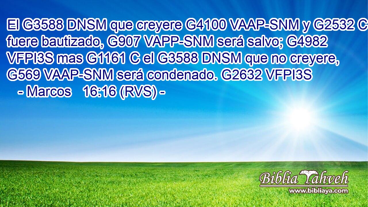 El G3588 DNSM que creyere G4100 VAAP-SNM y G2532 C fuere bautizado, G907 VAPP-SNM será salvo; G4982 VFPI3S mas G1161 C el G3588 DNSM que no creyere, G569 VAAP-SNM será condenado. G2632 VFPI3S 
