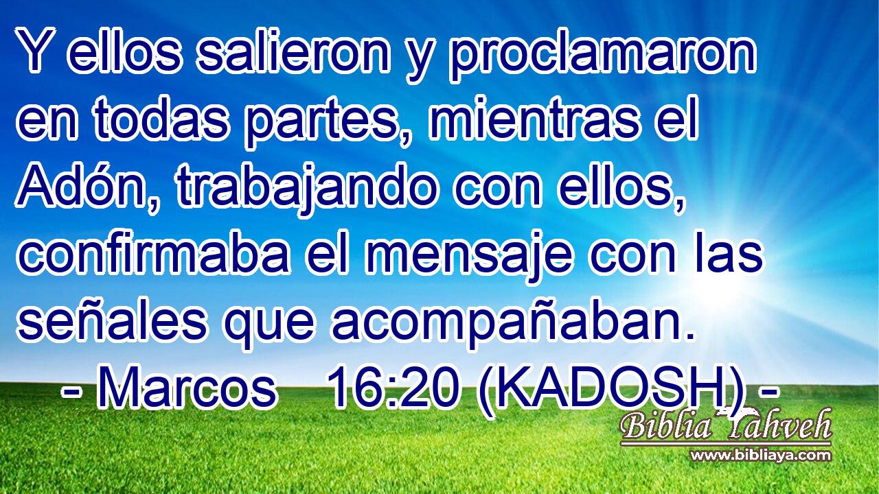  Y ellos salieron y proclamaron en todas partes, mientras el Adón, trabajando con ellos, confirmaba el mensaje con las señales que acompañaban. 